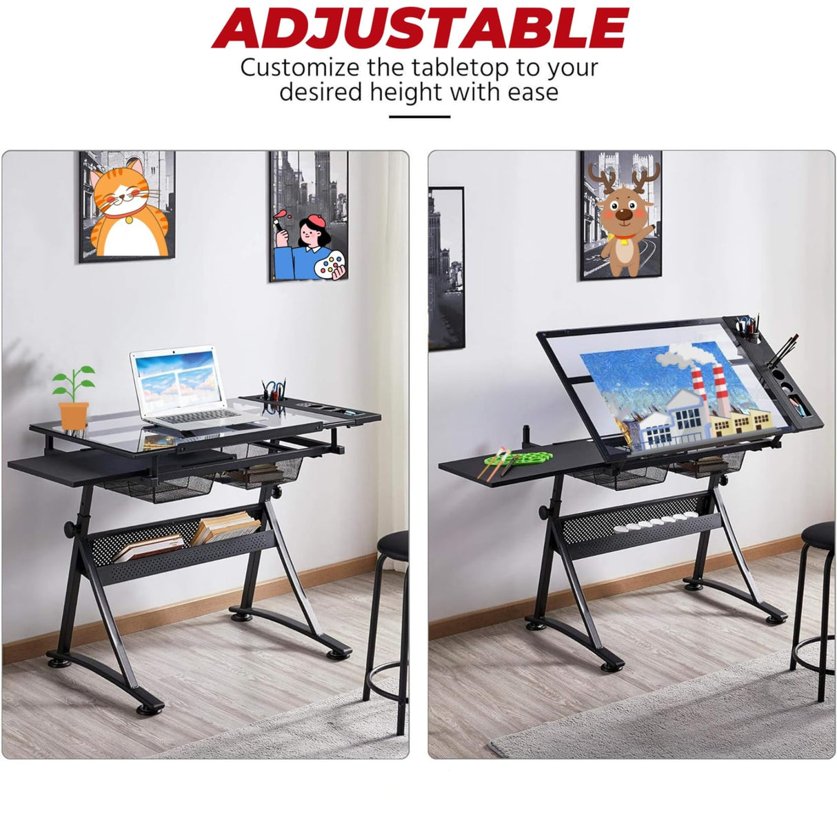 ZephyPaws Glass Drafting Table and Stool Sets, Adjustable Height Drawing Table Art Craft Artist Desk Tilting Glass Tabletop with 2 Storage Drawers for Home Office (Black) ZephyPaws