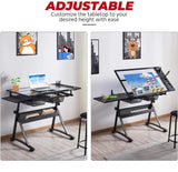 ZephyPaws Glass Drafting Table and Stool Sets, Adjustable Height Drawing Table Art Craft Artist Desk Tilting Glass Tabletop with 2 Storage Drawers for Home Office (Black) ZephyPaws