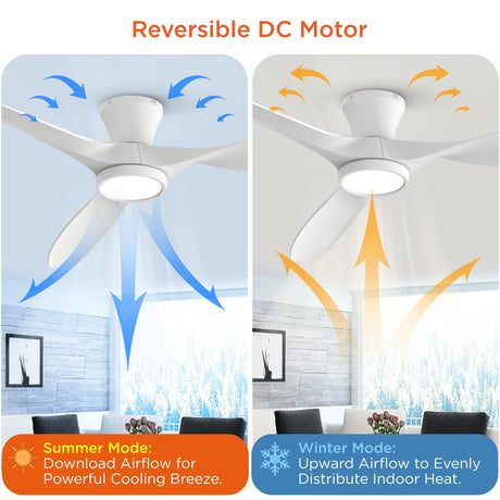 TALOYA 52 inch Ceiling Fans with Lights Remote Control, Modern Low Profile Ceiling Fan with Quiet Reversible DC Motor for Bedroom Living Room and Patio White TALOYA