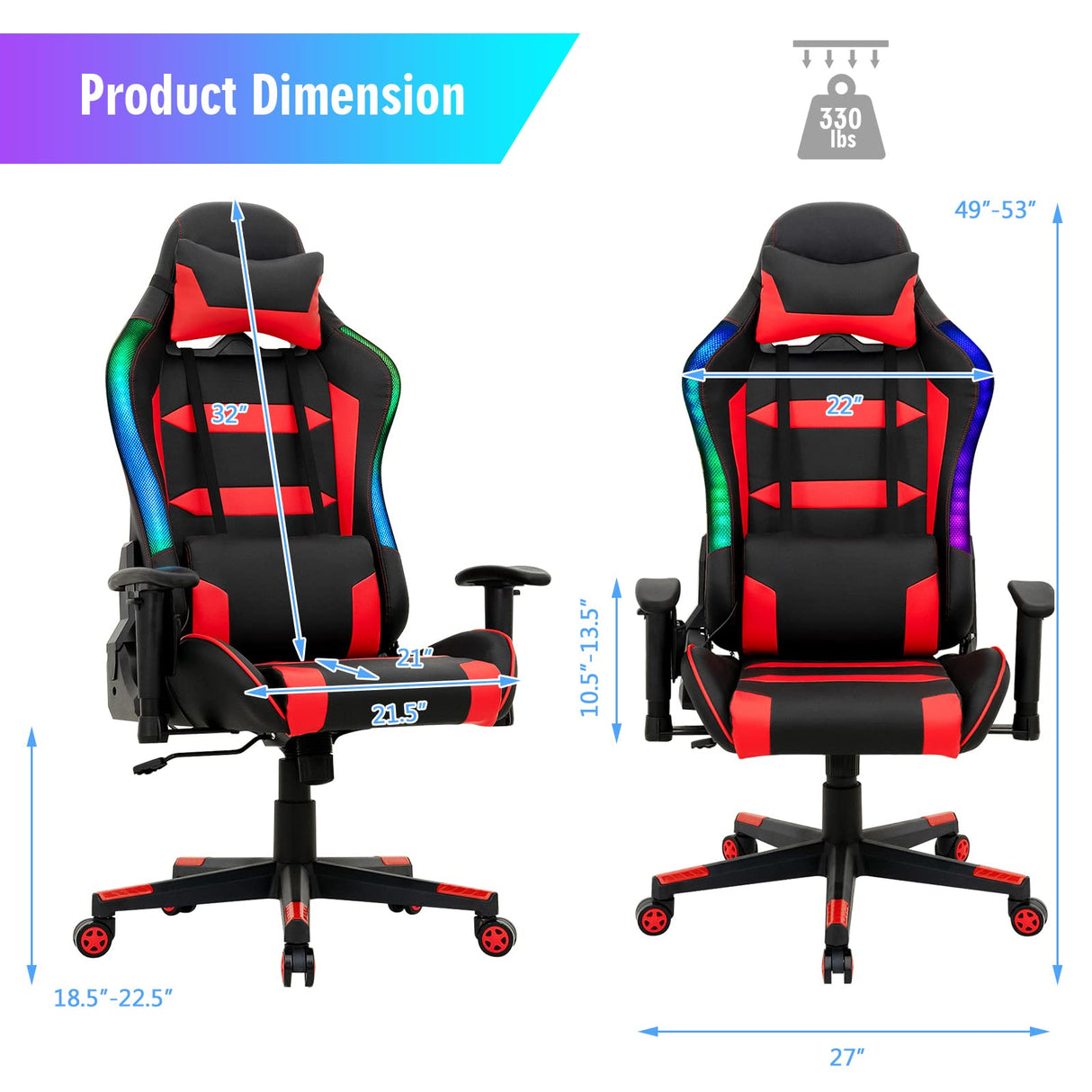 Giantex RGB Gaming Chair, Ergonomic Video Game Chair with Led Light, High Back E-Sport Computer Chair Adjustable w/PVC Leather, Headrest & Lumbar Support (Red) Giantex