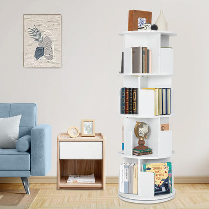 JOLIE VALLÉE TOYS & HOME 4-Tier Rotating White Bookshelf - Space-Saving Floor Stand Bookcase for Small Rooms - WoodArtSupply