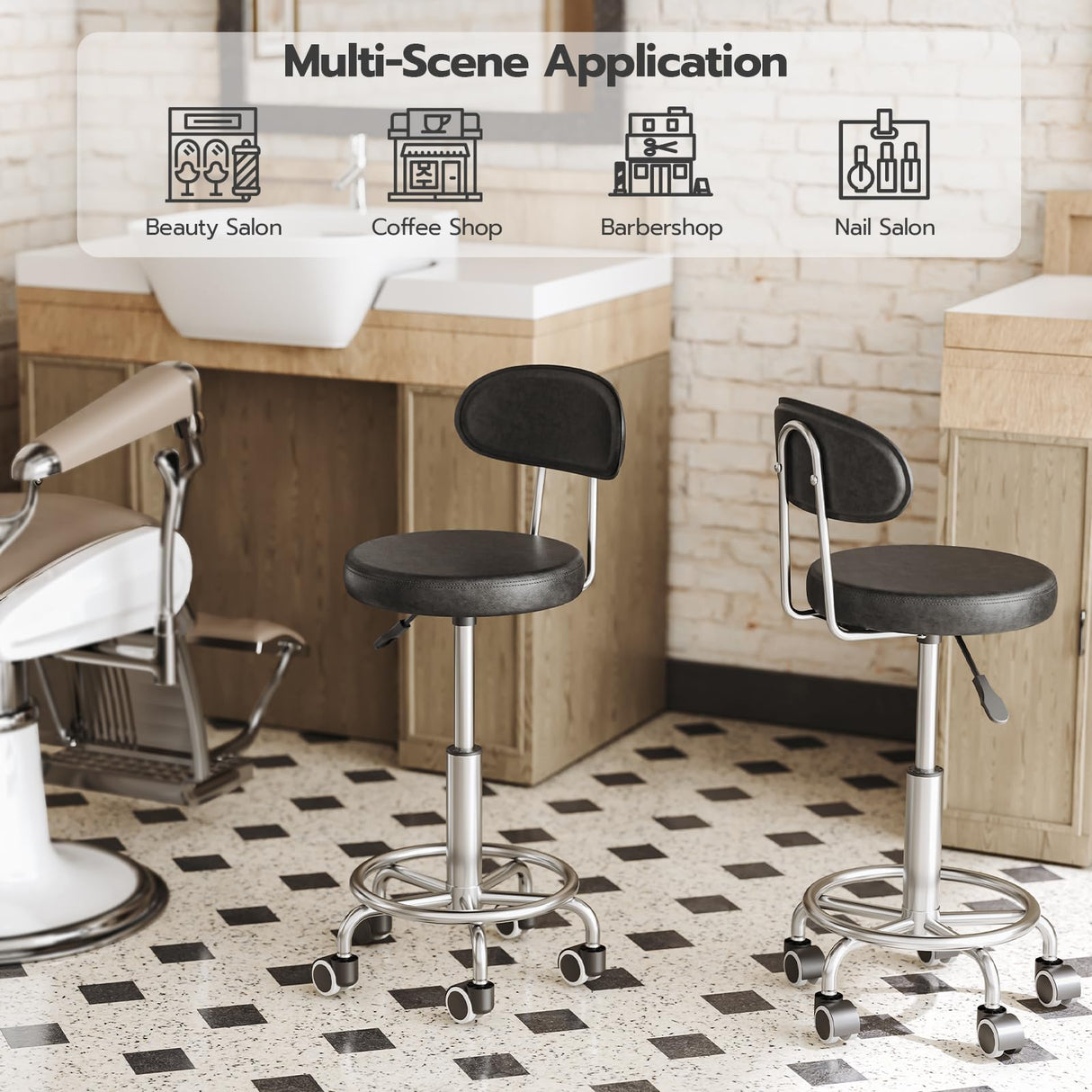 HOOBRO Height Adjustable Rolling Stool, 360° Rotating Drafting Chair, Multi-Purpose Office Desk Chair, Rolling Swivel Salon Stool Chair, for Barber Shop, Nail Salon, Office, Black SB01BY01G1 HOOBRO