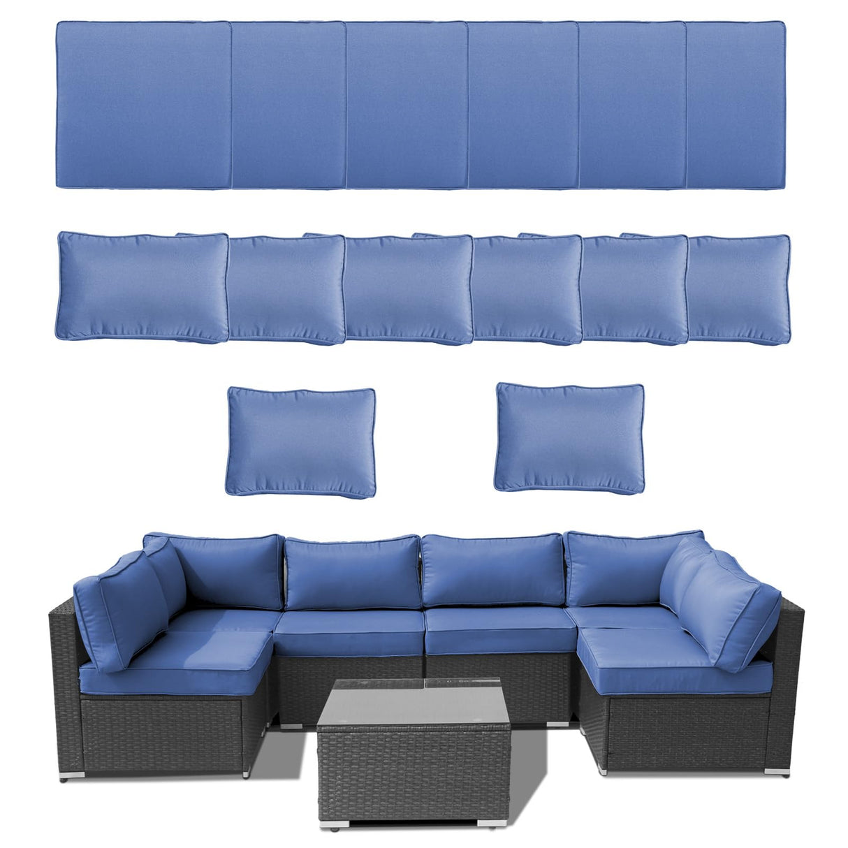 FURNAWAY 14Pcs Outdoor Sofa Cushion Replacement Set - Water Repellent Patio Furniture Cushions for Sectional/Deep Seat,UV Resistant (Blue) FURNAWAY