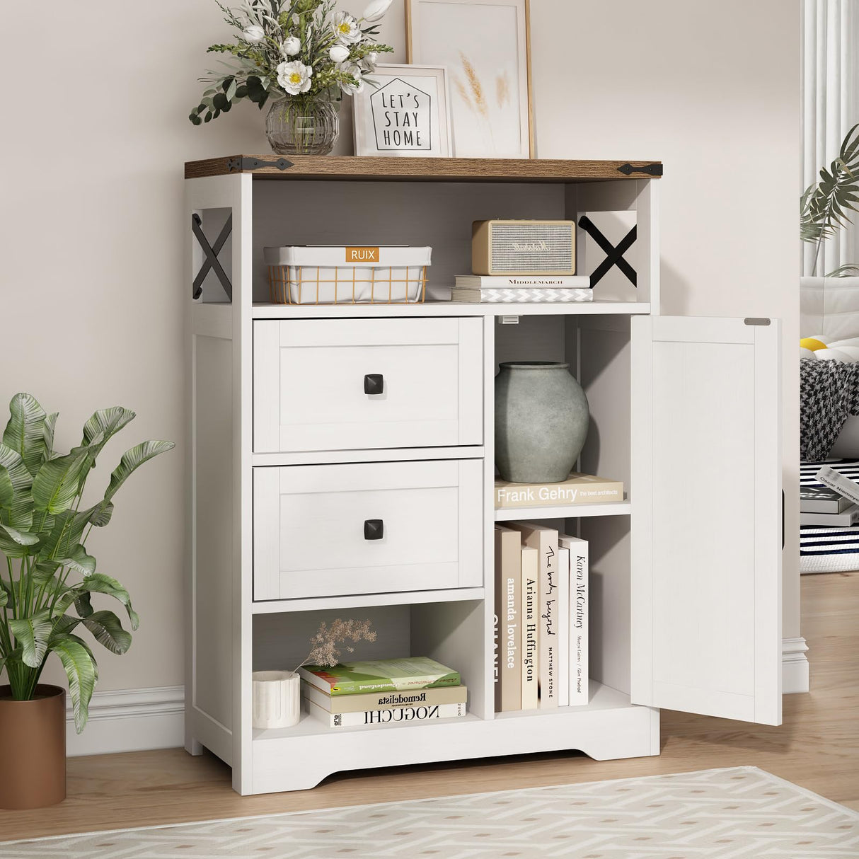 Fameill White Farmhouse Storage Cabinet with 2 Drawers & Shelves,Freestanding Storage Cabinet with Doors & Open Storage,Floor Storage Cabinet for Living Room,Bathroom,Kitchen,Laundry Fameill