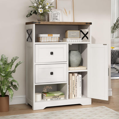 Fameill White Farmhouse Storage Cabinet with 2 Drawers & Shelves,Freestanding Storage Cabinet with Doors & Open Storage,Floor Storage Cabinet for Living Room,Bathroom,Kitchen,Laundry - WoodArtSupply