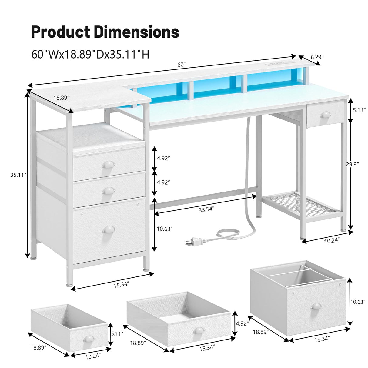 Furologee White Computer Desk with 4 Drawers, 60" Long Office Desk with Fabric File Cabinet and Power Outlets, Gaming Desk with LED Lights, Study Writing Work Desk with Shelf for Home Office Furologee