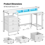 Furologee White Computer Desk with 4 Drawers, 60" Long Office Desk with Fabric File Cabinet and Power Outlets, Gaming Desk with LED Lights, Study Writing Work Desk with Shelf for Home Office Furologee