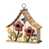 Glitzhome 10.75" L Distressed Solid Wood Birdhouse with 3D Flowers Rustic Two-Story Townhouse Hand-Painted Bird Houses for Garden Outdoors,Washed White glitzhome