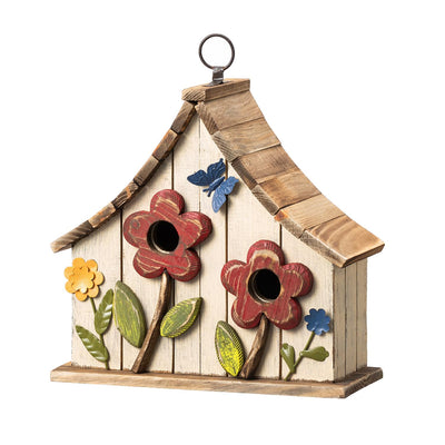Glitzhome 10.75" L Distressed Solid Wood Birdhouse with 3D Flowers Rustic Two-Story Townhouse Hand-Painted Bird Houses for Garden Outdoors,Washed White