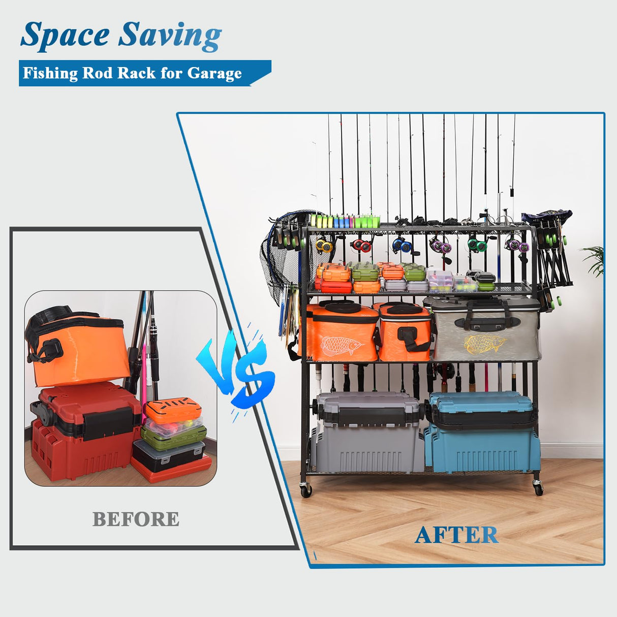 Bknius Fishing Rod Holder for Garage for 15 Rods, Fishing Pole Holders for Fishing Gear Storage Organizer, Fish Rod Rack Basement, Metal Black with Big Wheels, 4-Tier Bknius