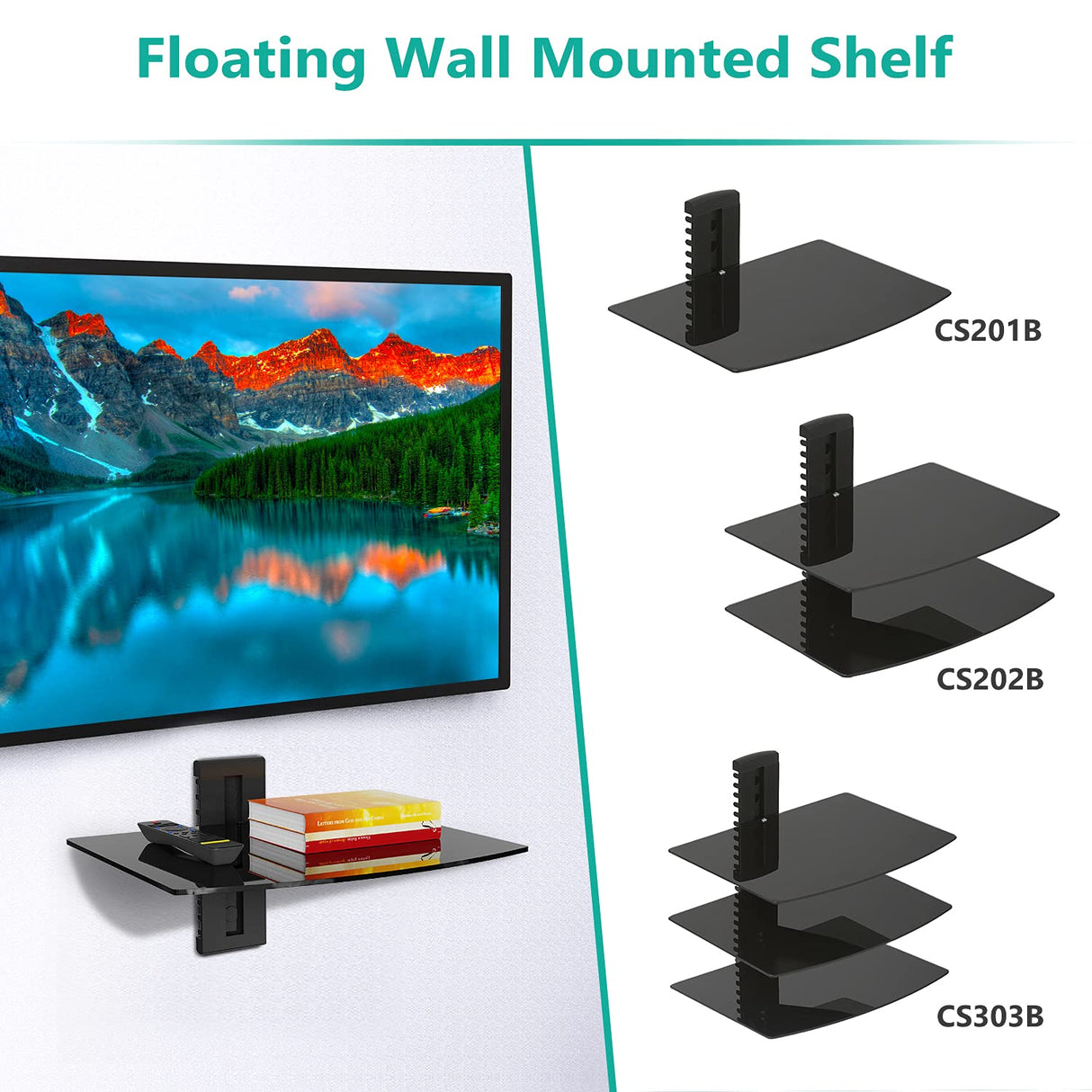 WALI Floating Entertainment Center Shelves, Holds Up to 17.6lbs, TV Shelf with Strengthened Tempered Glasses for DVD Players, Cable Boxes, Games Consoles, TV Accessories (CS201B), 1 Shelf, Black WALI