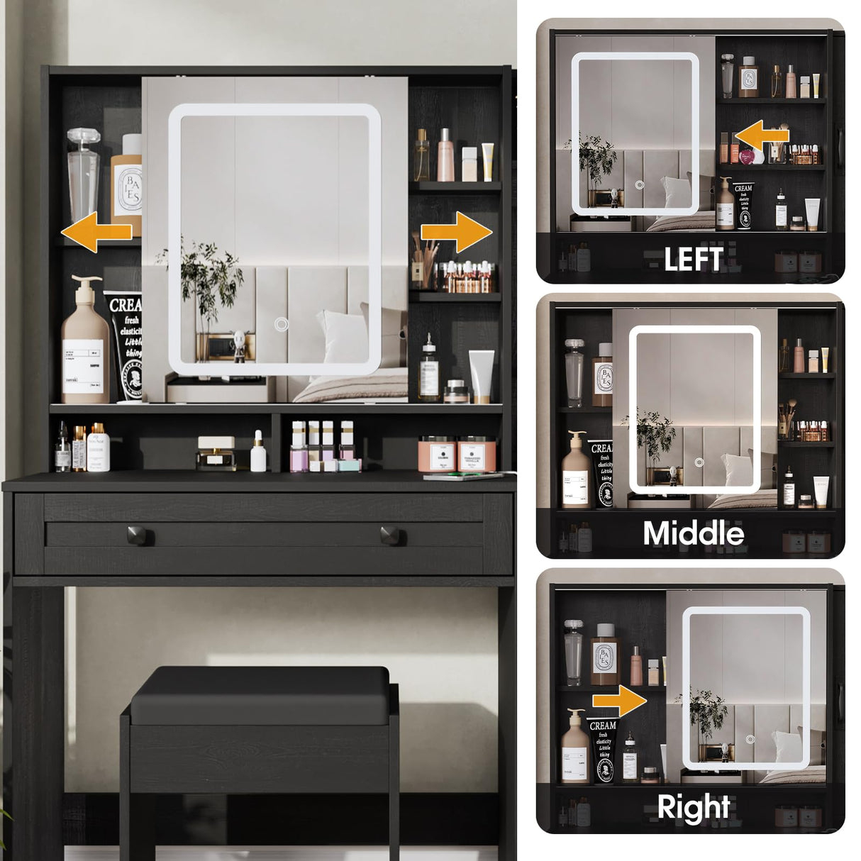 Fameill Vanity Desk with Mirror and Lights, Makeup Vanity Desk with Power Outlet, 2 Drawers & Storage, Vanity Table with Chair & Jewelry Cabinet, for Bedroom (Black) Fameill