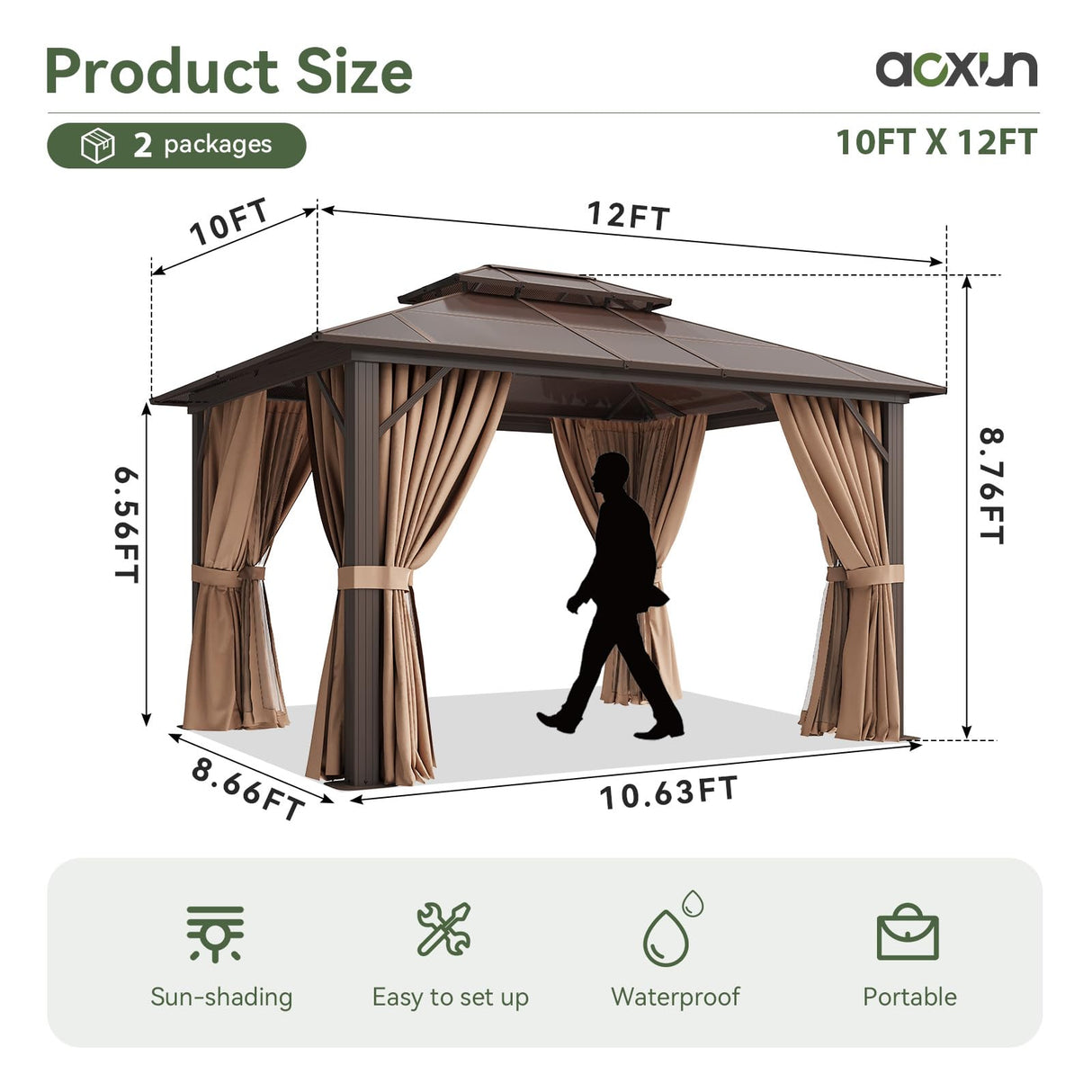 Aoxun 12'x10' Hardtop Gazebo, Aluminum Frame Permanent Pavilion with Curtains and Netting, Outdoor Polycarbonate Double Roof Canopy, Designed for Garden, Lawns, Patio, Brown Aoxun
