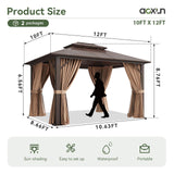Aoxun 12'x10' Hardtop Gazebo, Aluminum Frame Permanent Pavilion with Curtains and Netting, Outdoor Polycarbonate Double Roof Canopy, Designed for Garden, Lawns, Patio, Brown Aoxun