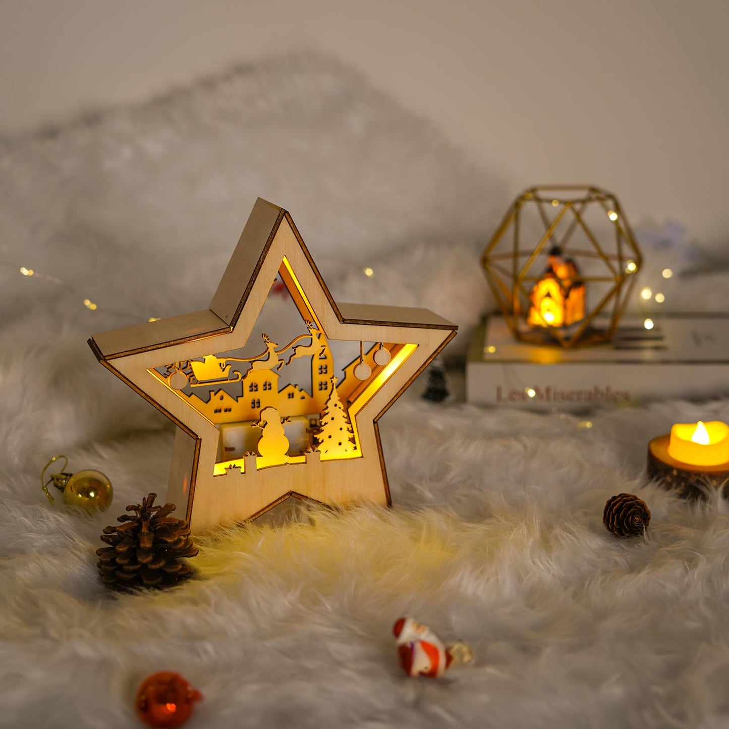 OurWarm Christmas Tree Topper Star Lighted, Wooden Star Tree Toppers Christmas Decorations, Christmas Tree Star Topper with Lights, Rustic Tree Topper for Shelves Tables Indoor Christmas Decorations