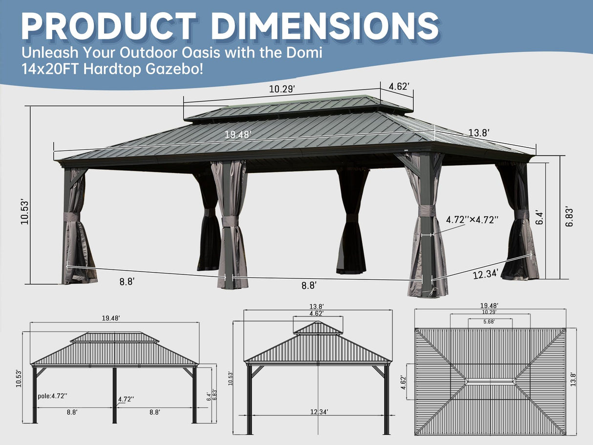 Domi 14' X 20' Hardtop Gazebo Outdoor Metal Gazebo Canopy with Galvanized Steel Double Roof, Aluminum Frame, Curtains and Netting for Patio, Deck, Garden, Grey domi outdoor living