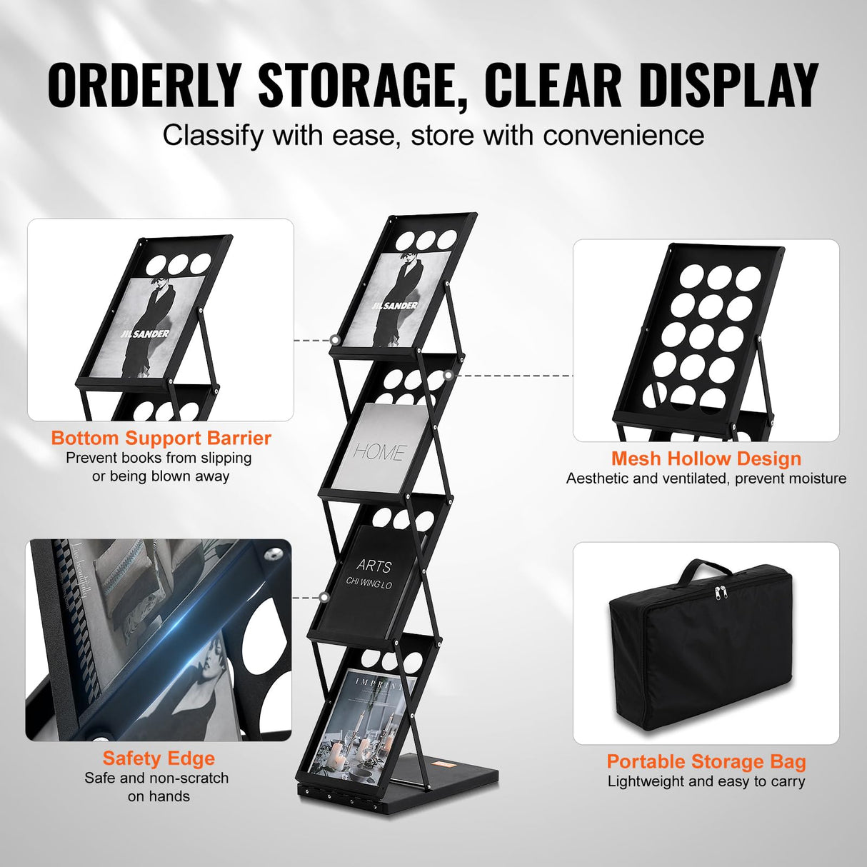 VEVOR Foldable Magazine Display Rack, 4-Tier Brochure Literature Display Stand, Portable Catalog Brochure Holder Stand with Carrying Bag for Office Trade Show Exhibitions, 4 Pockets VEVOR