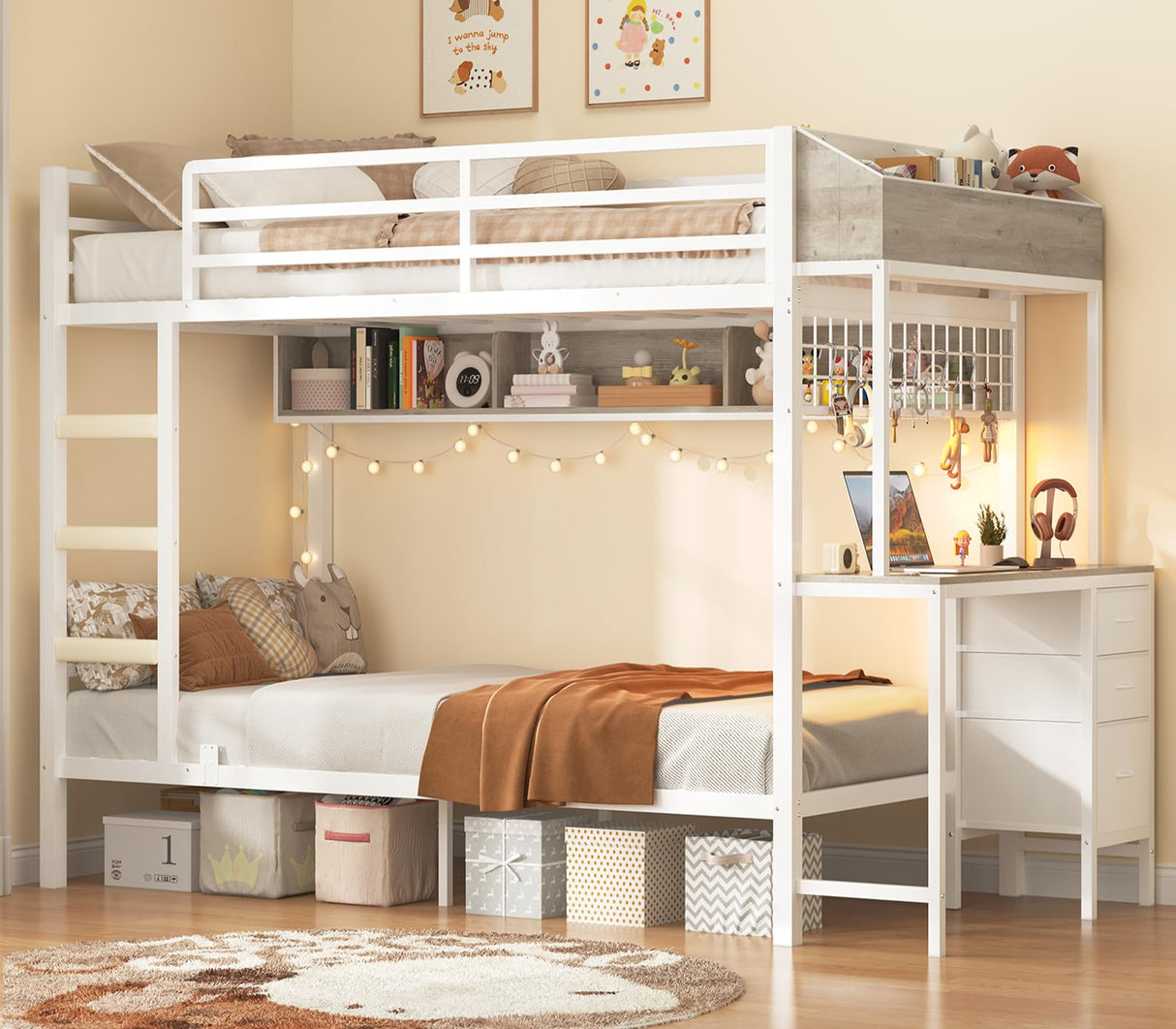 VIAGDO Bunk Bed Twin Over Twin with Charging Station and LED Lights, Heavy Duty Metal Bunk Bed with Desk and 3 Storage Drawers, Utility Storage Shelf and Boxes, No Box Spring Needed, White VIAGDO