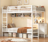 VIAGDO Bunk Bed Twin Over Twin with Charging Station and LED Lights, Heavy Duty Metal Bunk Bed with Desk and 3 Storage Drawers, Utility Storage Shelf and Boxes, No Box Spring Needed, White VIAGDO