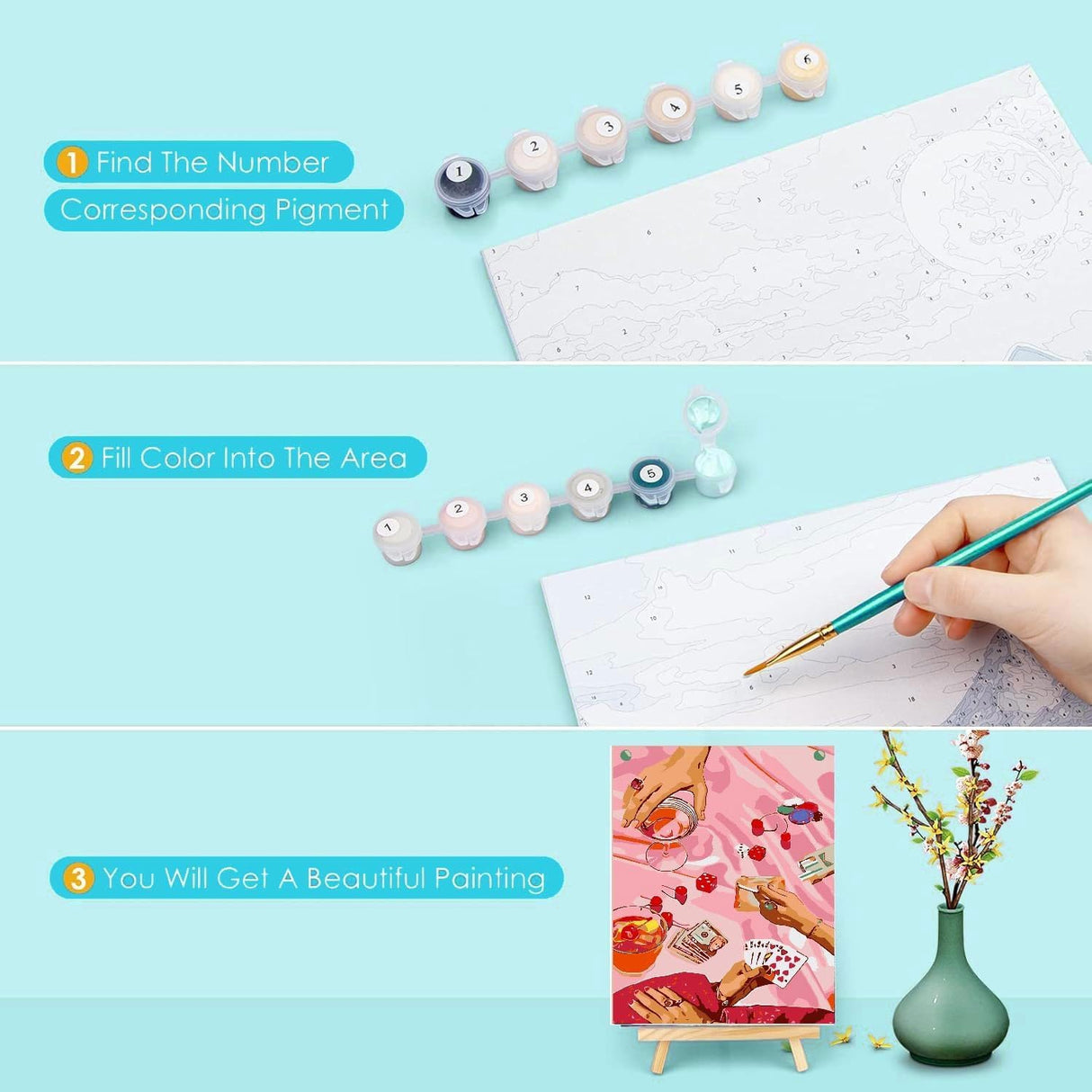 WUDWL Paint by Numbers Kit for Adults Framed Canvas, 3 Pack with Wooden Easel,Paint by Numbers for Kids Ages 8-12, Pink Tablecloth DIY Acrylic Landscape Oil Painting Arts Crafts, 9.45x11.8inch WUDWL