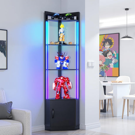 5-Tier Corner Shelf with RGB LED Light, 65" Tall Display Cabinet with Storage, Remote & APP Control, Adjustable Brightness/Color Temp, Floor Lamp with Shelves for Living Room Bedroom (Black) Eclathome