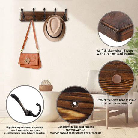 Homagic Coat Rack Wall Mount 16.8'' Rustic Hat Rack with 5 Triple Hooks Coat Hooks Wall Mount Farmhouse Wall Hooks for Hanging Coat, Bags, Towels Homagic
