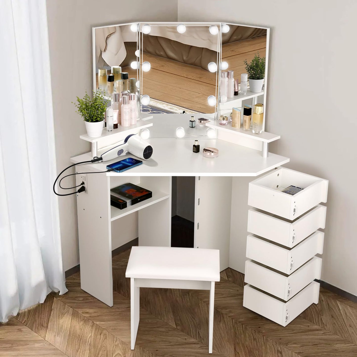 VOWNER Vanity with Lights - Makeup Vanity Desk with Power Outlet, 3 Color Lighting Options Brightness Adjustable, Vanity Table with 5 Rotating Drawers, Shelves and Stool for Bedroom, White