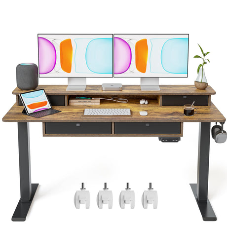 BANTI Height Adjustable Electric Standing Desk with 4 Drawers, 55 x 24 Inch Table with Storage Shelf, Sit Stand Desk, Rustic Brown Top BANTI