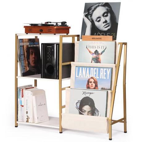 HYCFYJR Stand for Record Player, Turntable Stand with Now Playing Stand, 3 Tier End Table Record Player Table with Speaker Storage & Vinyl Record Storage for Living Room, Gold White HYCFYJR