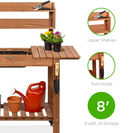 Best Choice Products Mobile Garden Potting Bench, Outdoor Wood Workstation Table w/Sliding Tabletop, 4 Locking Wheels, Food Grade Dry Sink, Storage Shelves - Brown Best Choice Products