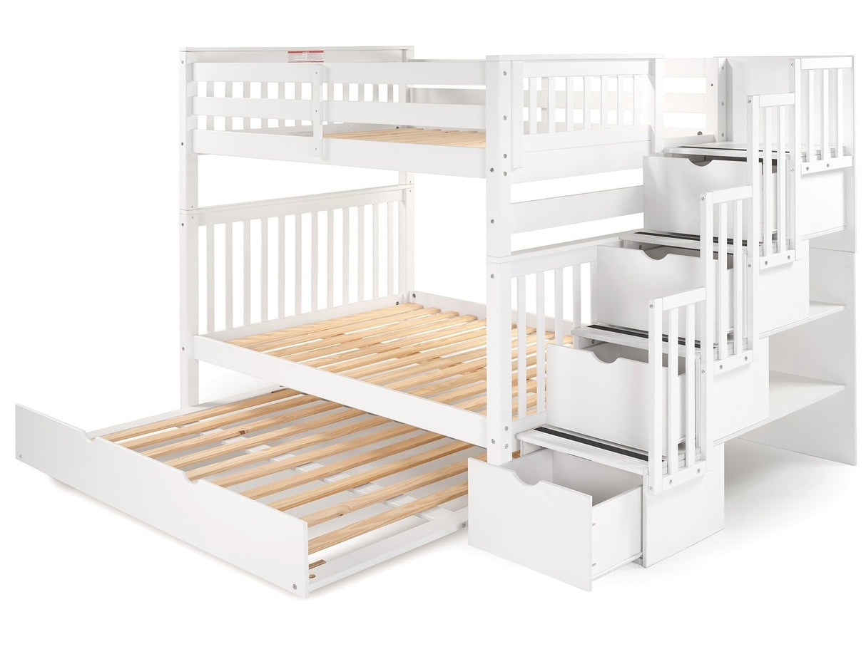 Bedz King Stairway Bunk Beds Full over Full with 4 Drawers in the Steps and a Twin Trundle, White Bedz King