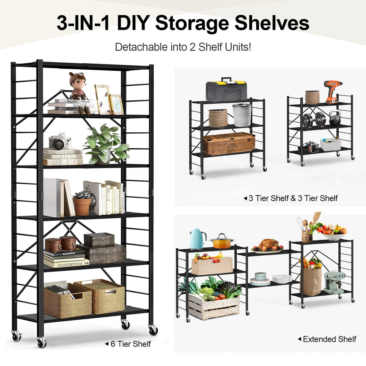 Himix 6 Tier Foldable Storage Shelves, Expandable Folding Bookshelf with Wheels, Changeable into 2 Shelf Units, Collapsible Adjustable Storage Rack Metal Shelves for Garage, Kitchen, Black Himix
