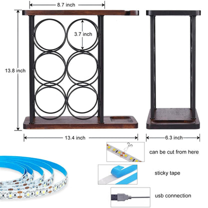 Britrio Wine Rack Countertop with LED Light Wine Bottle Glass Holder Organizer for Kitchen Bar Cabinet Cupboard Home Decor Liquor Storage Rack Shelf Coffee Bar Buffet Tabletop 6 Bottles Free  - WoodArtSupply