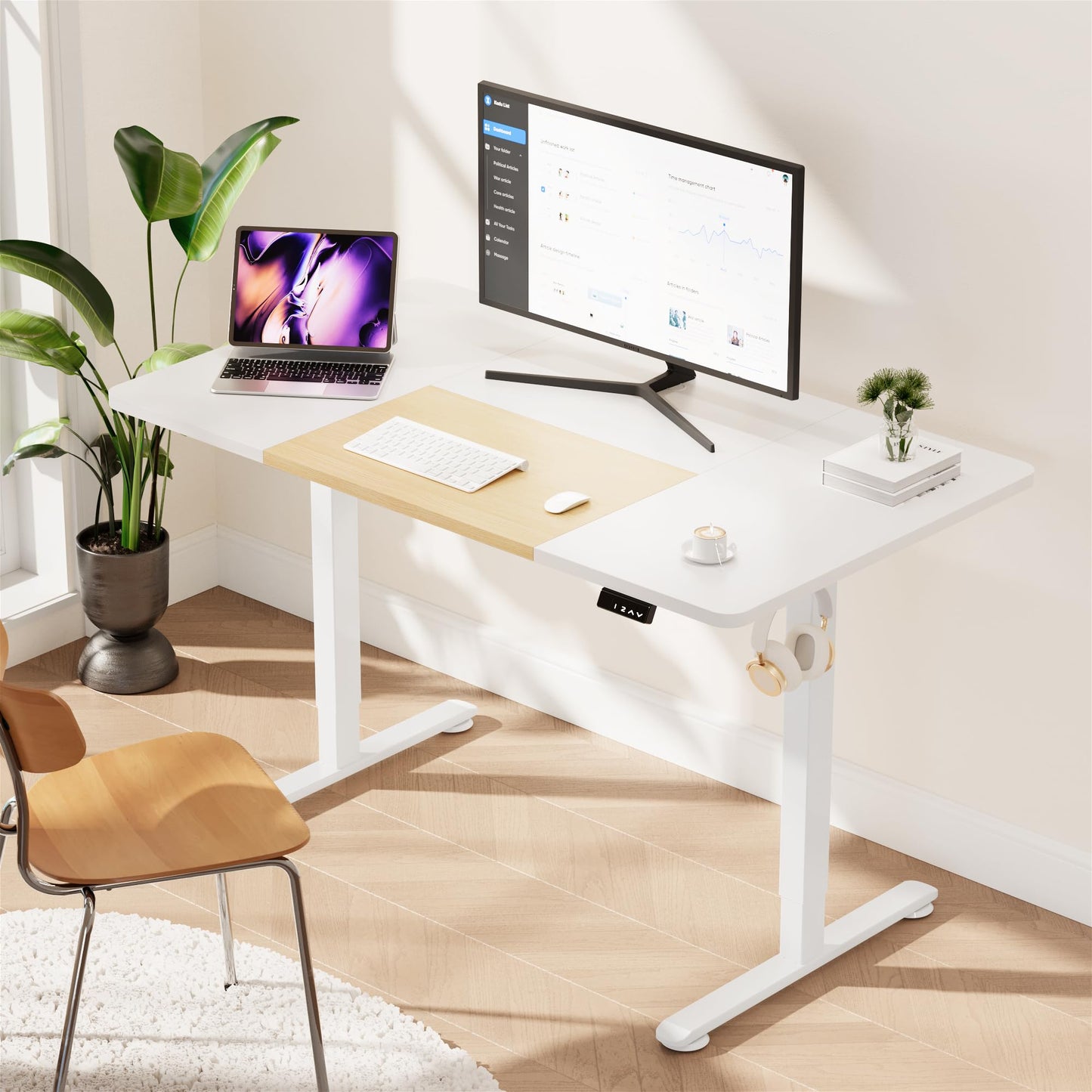 WOKA Electric Height Adjustable Electric Standing Desk, 55 x 28 Inch Sit Stand Desk with Memory Controllers, Stand up Desk for Home Office, White and Oak Tabletop - WoodArtSupply