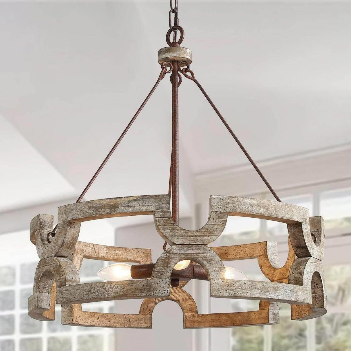 GEPOW Farmhouse Wood Chandelier, Round Drum Light Fixture for Dining Room, Living Room, Bedroom, Kitchen Island and Foyer GEPOW
