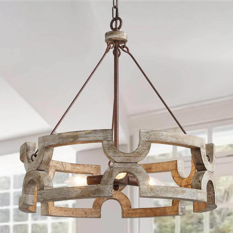 GEPOW Farmhouse Wood Chandelier, Round Drum Light Fixture for Dining Room, Living Room, Bedroom, Kitchen Island and Foyer GEPOW