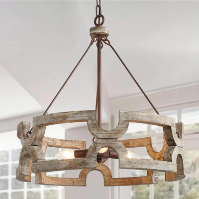GEPOW Farmhouse Wood Chandelier, Round Drum Light Fixture for Dining Room, Living Room, Bedroom, Kitchen Island and Foyer