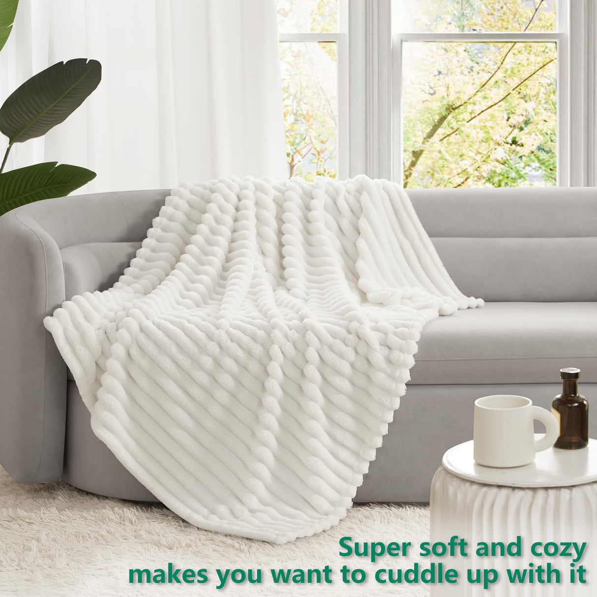 HIMEET Fuzzy Blanket Fleece Blanket White Cozy Throw Blanket for Couch Lap Blanket Fluffy Velvet Plush Soft Ribbed Design Wash Up Nicely for Adults for Women HIMEET