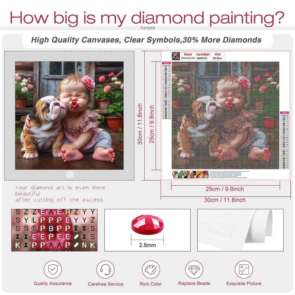 Sanjee Dog and Girl Diamond Art Kits for Adults, Diamond Painting Kits for Beginner, 5D DIY Round Full Drill Gem Art Crafts for Home Wall Decoration Gift, 12x12inch Sanjee