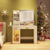 Vabches Vanity Desk with Mirror and Lights, Makeup Vanity with Charging Station, Vanity Table with Drawers, Shelves and Large Storage Cabinet for Home and Bedroom Vabches