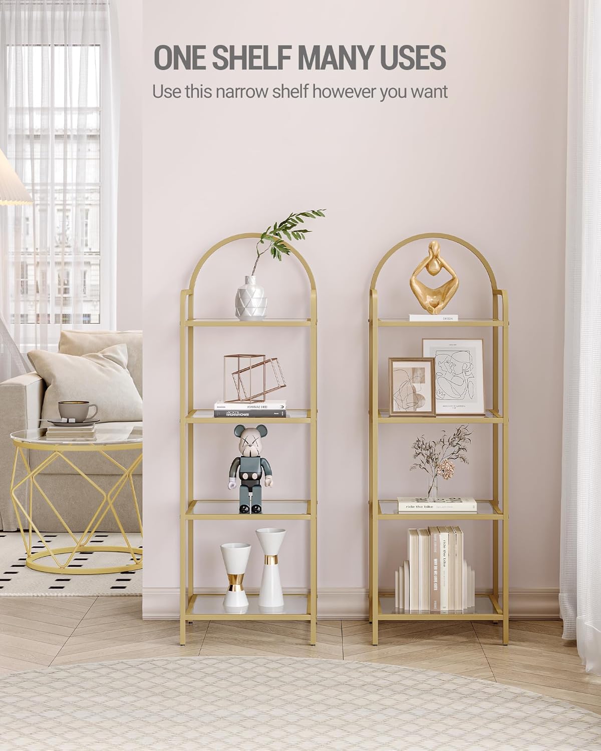 Hzuaneri Bookcase Bookshelf, Tempered Glass Bookshelves, Slim Shelving Unit for Bedroom, Bathroom, Home Office, Steel Frame, 4 Tier Gold BC04001G Hzuaneri