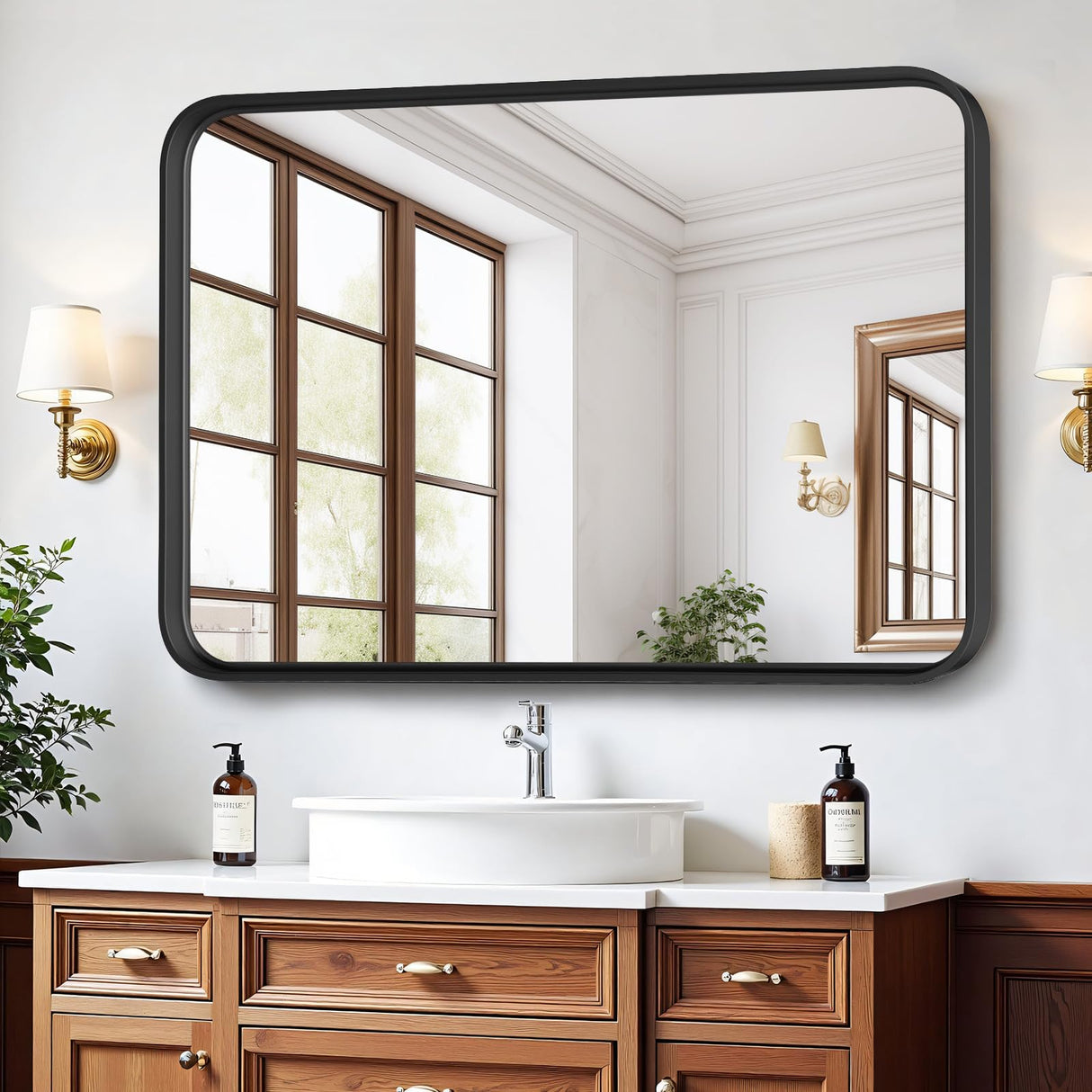 Bathroom Mirror for Wall, 30x22 Inch Rounded Rectangle Mirror, Black Metal Framed Bathroom Vanity Mirror for Restroom Farmhouse, Anti-Rust, Tempered Glass, Horizontally or Vertically Hanging Atilioo