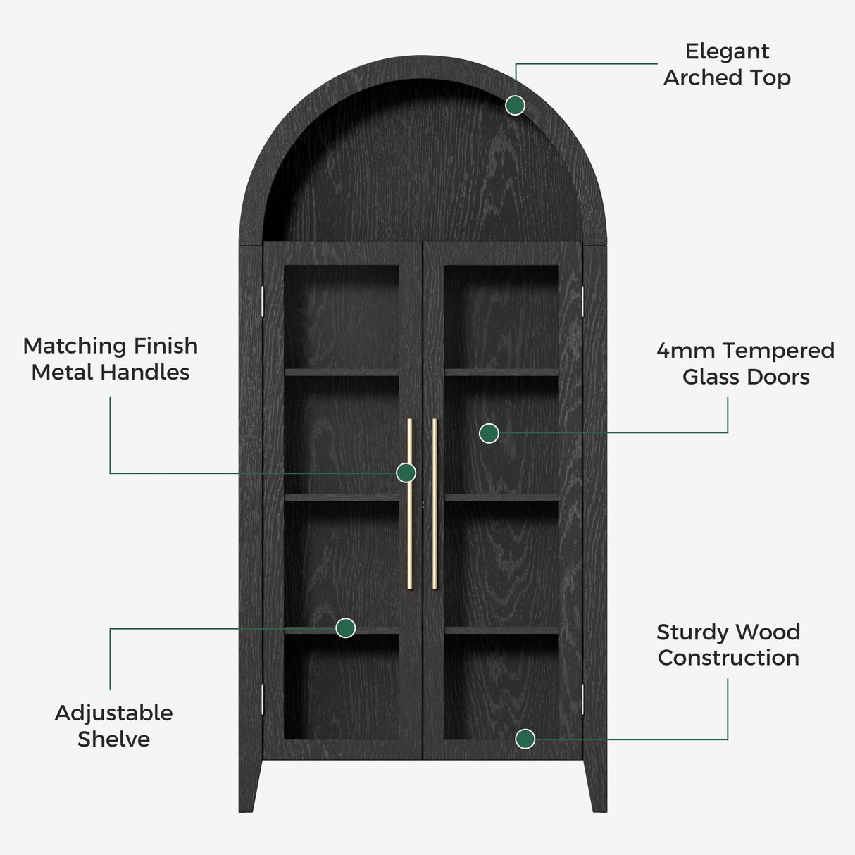infurnic Arched Display Cabinet, 63'' Tall 5-Tier Arched Bookcase with Glass Doors & Adjustable Shelves for Living Room, Dining Room & Kitchen, Black infurnic