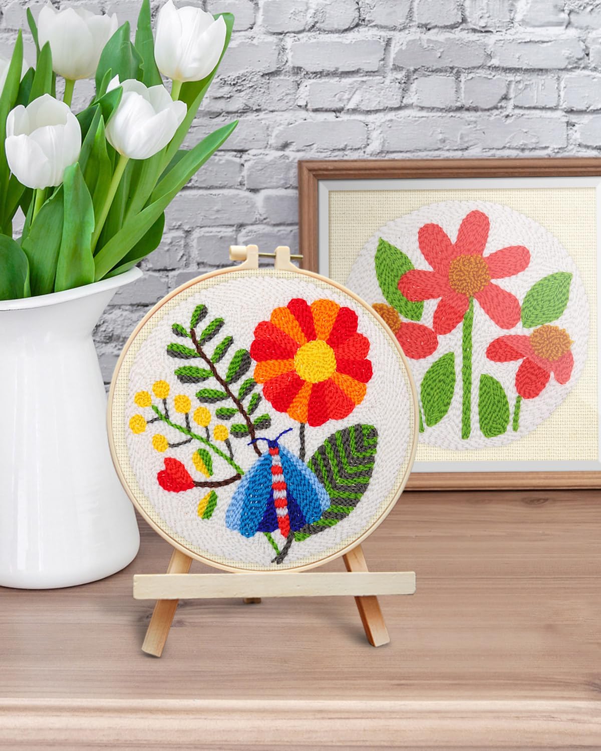 ERKOON Punch Needle Kit Adults Beginners, 2 Pcs DIY Easy Flower Embroidery Set for Starter Art Craft, Needling Punching Project with Patterns, Tools, Yarns, Hoop, Instruction (Safflower) ERKOON