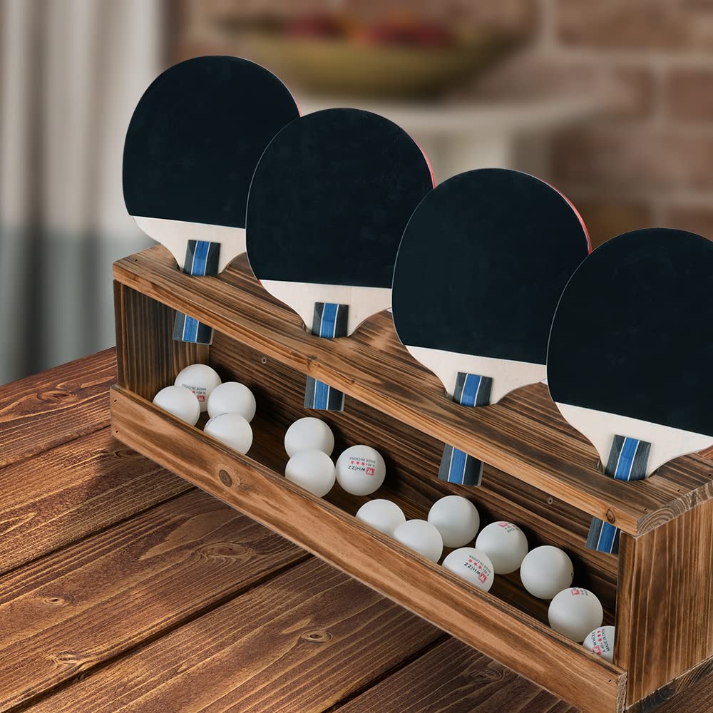 Ping Pong Paddle Storage Rack Table Tennis Racket Display Wall Mounted Holder for 4 Paddles and Balls Storage in Bar Room, Game Room, Office Break Room, Garage, Bedroom, Home, Rustic Burnt Sunix