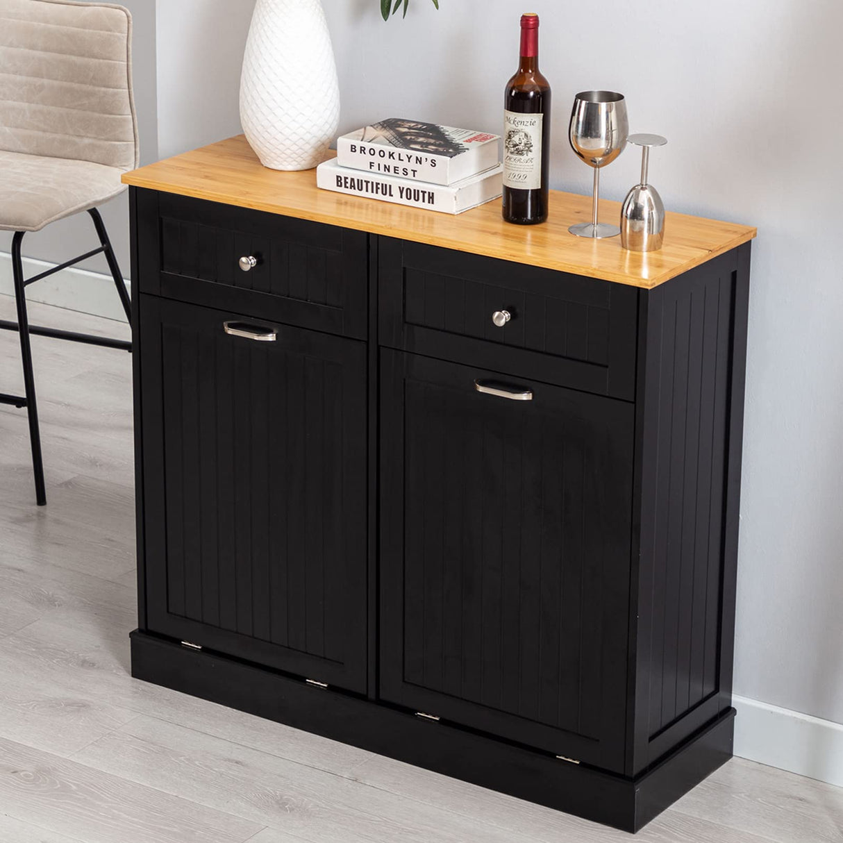 Double Tilt Out Trash Cabinet 20 Gallon, Freestanding Wooden Kitchen Trash Recycling Cabinet with Drawer & Removable Cutting Board, Dog Proof Trash Can Cabinet, Black Gitua