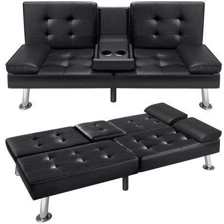 VICTONE Futon Sofa Bed Modern Faux Leather Couch Bed Convertible Folding Recliner for Living Room with 2 Cup Holders and Armrest (Black) VICTONE