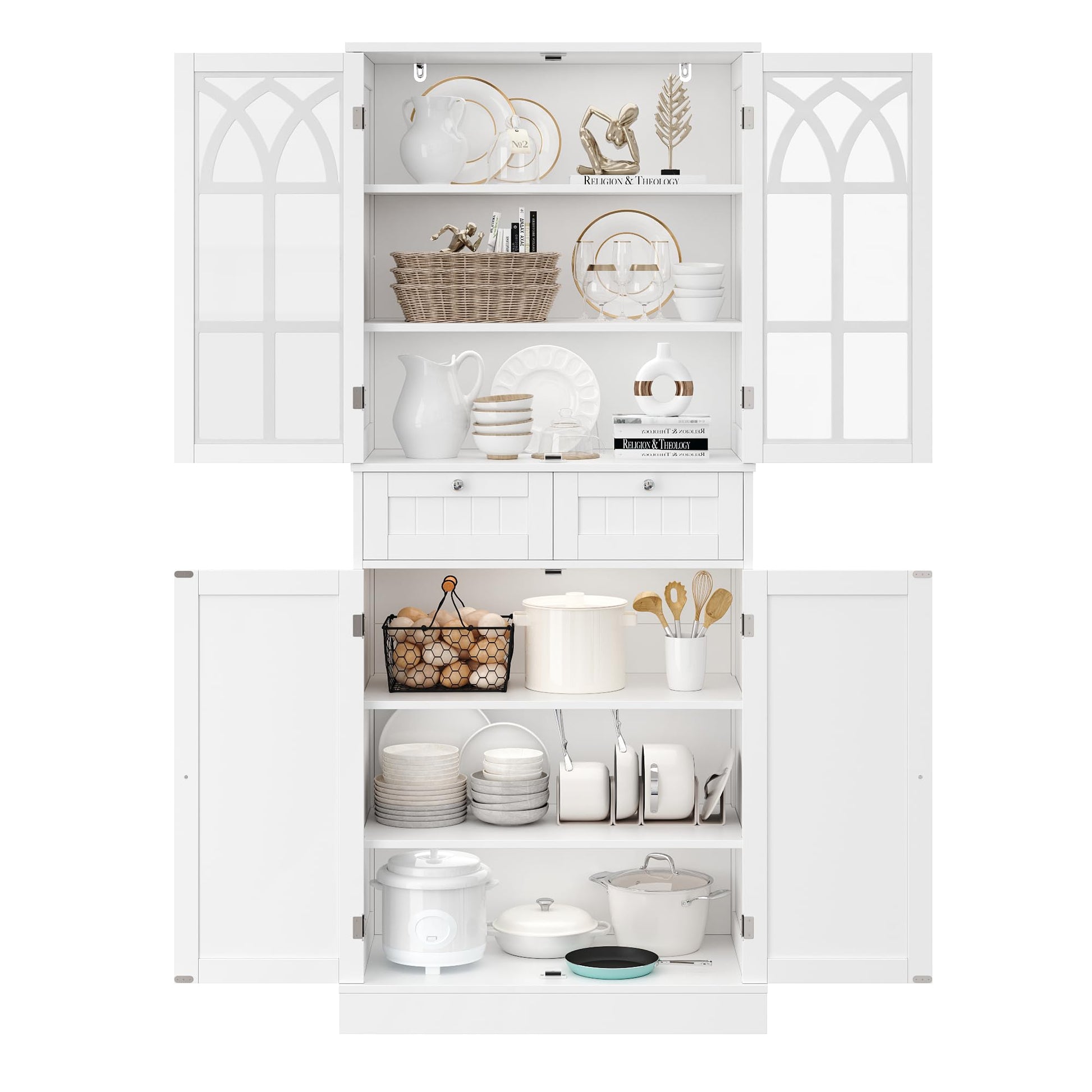 finetones 71” Kitchen Pantry Cabinet, Kitchen Cabinet Kitchen Hutch with 2 Drawers and 4 Doors, Freestanding Kitchen Cupboard Pantry Cabinet for Dining Room, White - WoodArtSupply