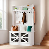 GOOBED Wide Hall Tree with 10 Shoe Cubbies & 10 Coat Hooks, 42" W Coat Rack with Entryway Bench, Shoe Storage Cabinet with Adjustable Shelves for Hallway (White) GOOBED