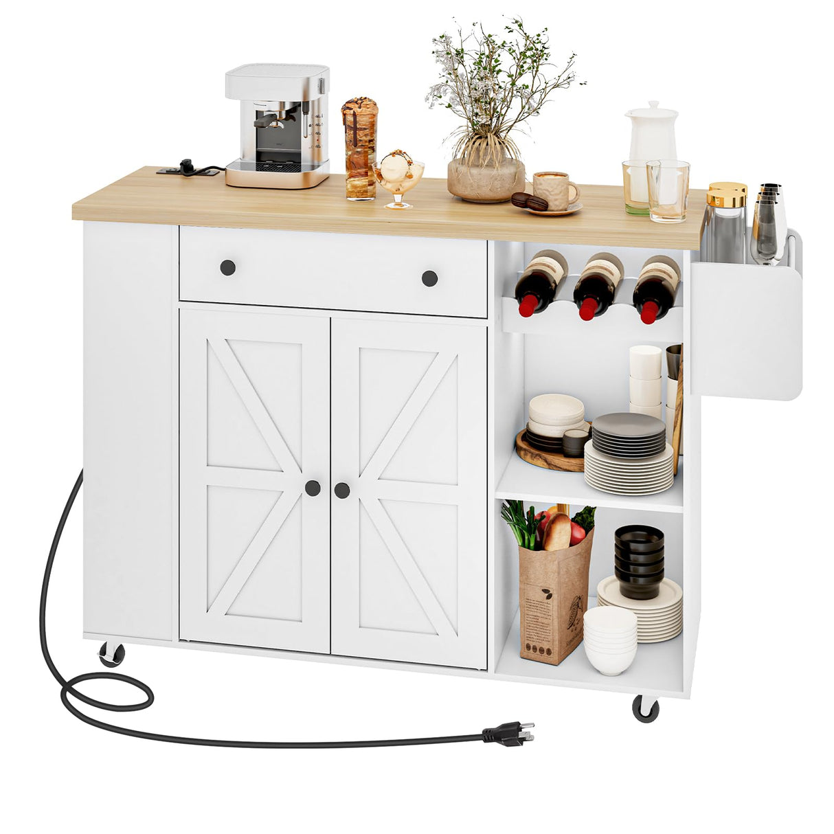 HOOBRO Kitchen Island with Power Outlet, Rolling Kitchen Island on Wheels, White Kitchen Cart with Door Cabinet, Island Table with Storage, Wine Rack and Spice Rack, White and Natural WN16UZD01 HOOBRO